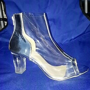 Clear transparent silver open toed booties heels